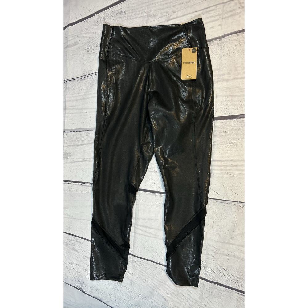 NWT VS PINK Ultimate V Leggings Faux Leather Black Textured Mesh High Rise M - Picture 1 of 6